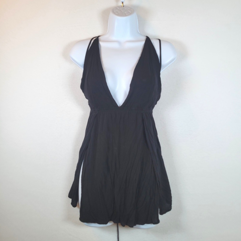 Indah Womens Open Back Slits Spaghetti Tank Top Size XS Black Boho Beachy Gypsy